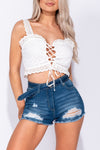 Mid Blue Belted High Waist Ripped Denim Hotpant