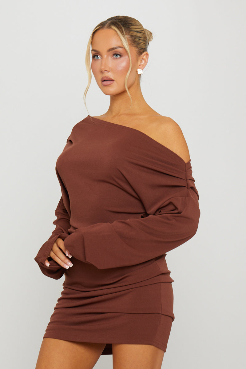 Brown One Shoulder Draped Long Sleeve Mini Dress