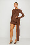 Brown Draped Long Sleeve Bodycon Mini Dress
