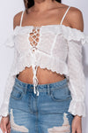 White Broderie Anglaise Lace Tie Front Frill Crop Top