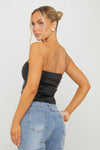 Black Faux Leather Bandeau Ruched Crop Top