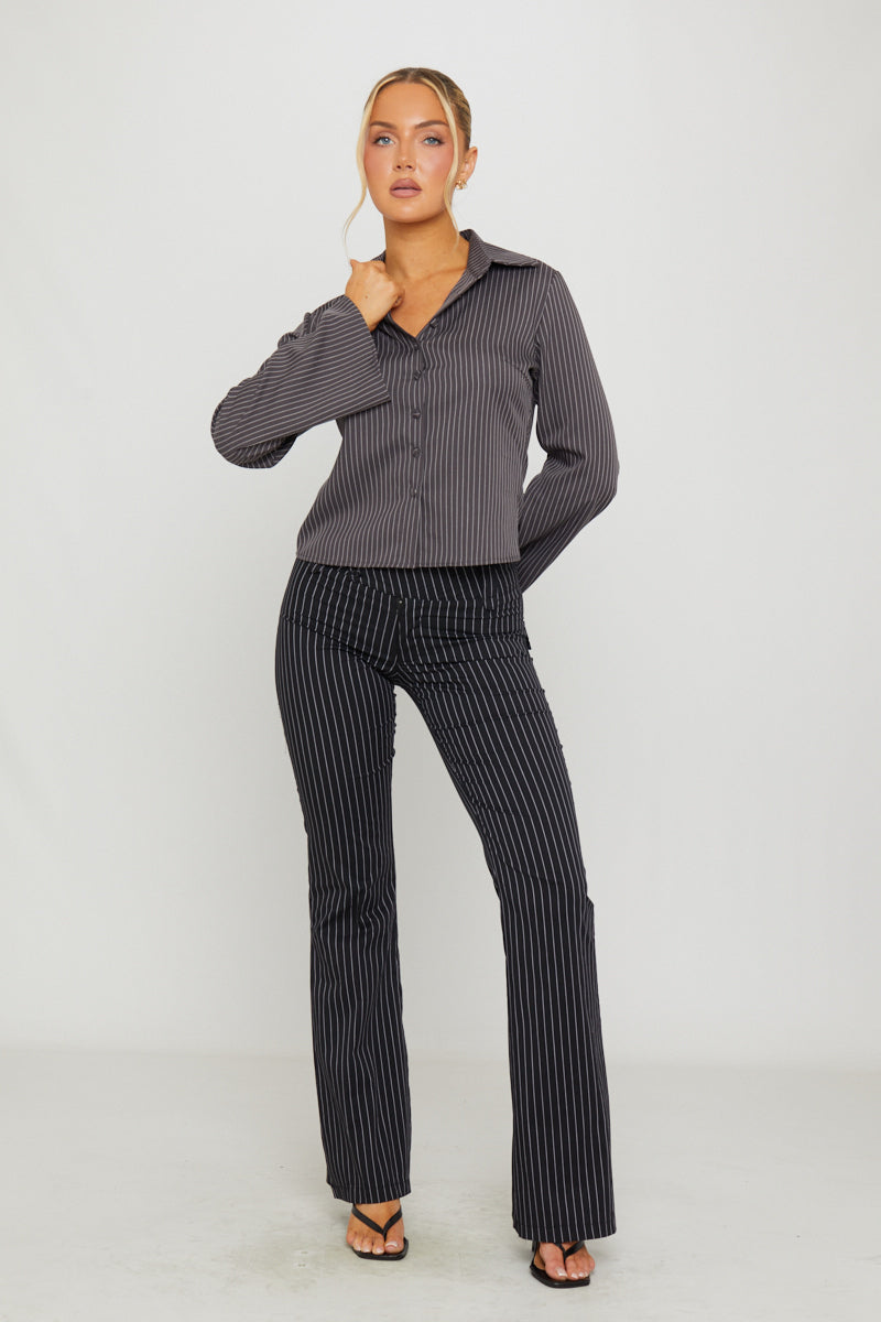 Dark Grey Pin Stripe Long Sleeve Button Up Shirt