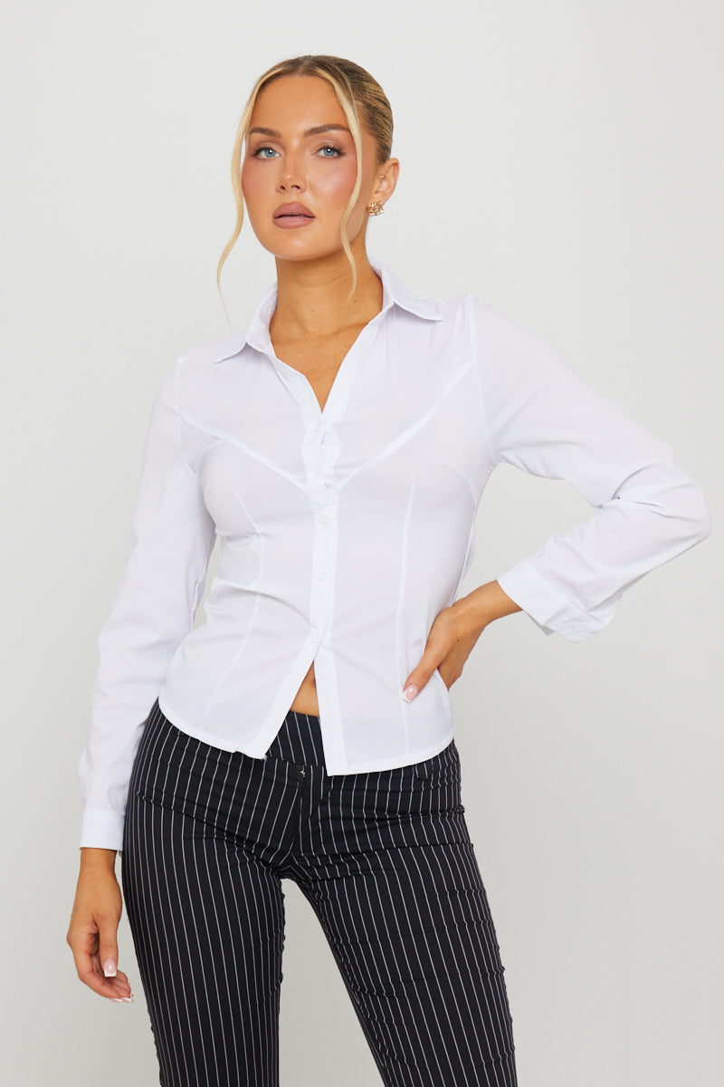 White Cinched Waist Button Up Long Sleeve Shirt