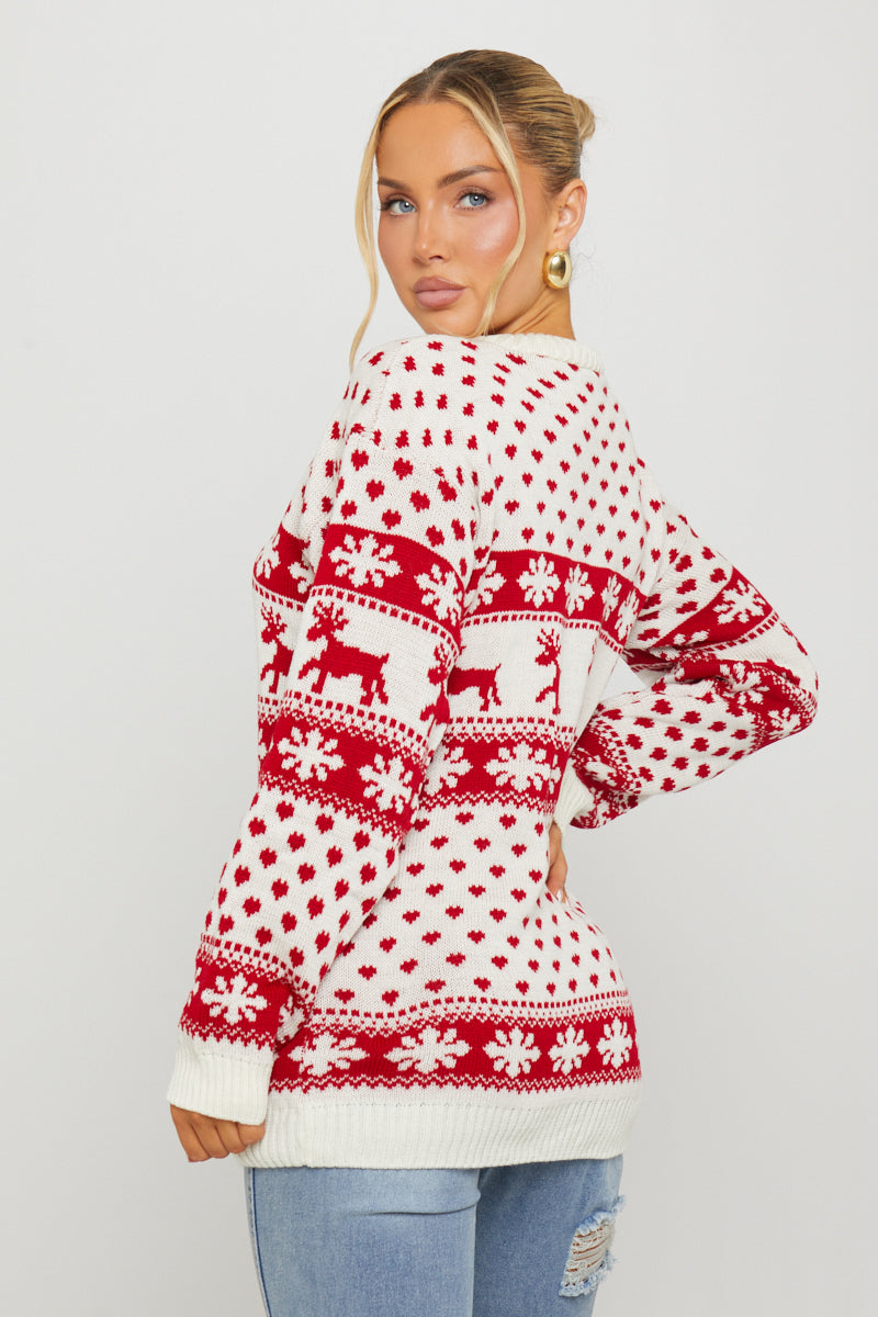 Cream Knitted Snowflake Reindeer Christmas Jumper