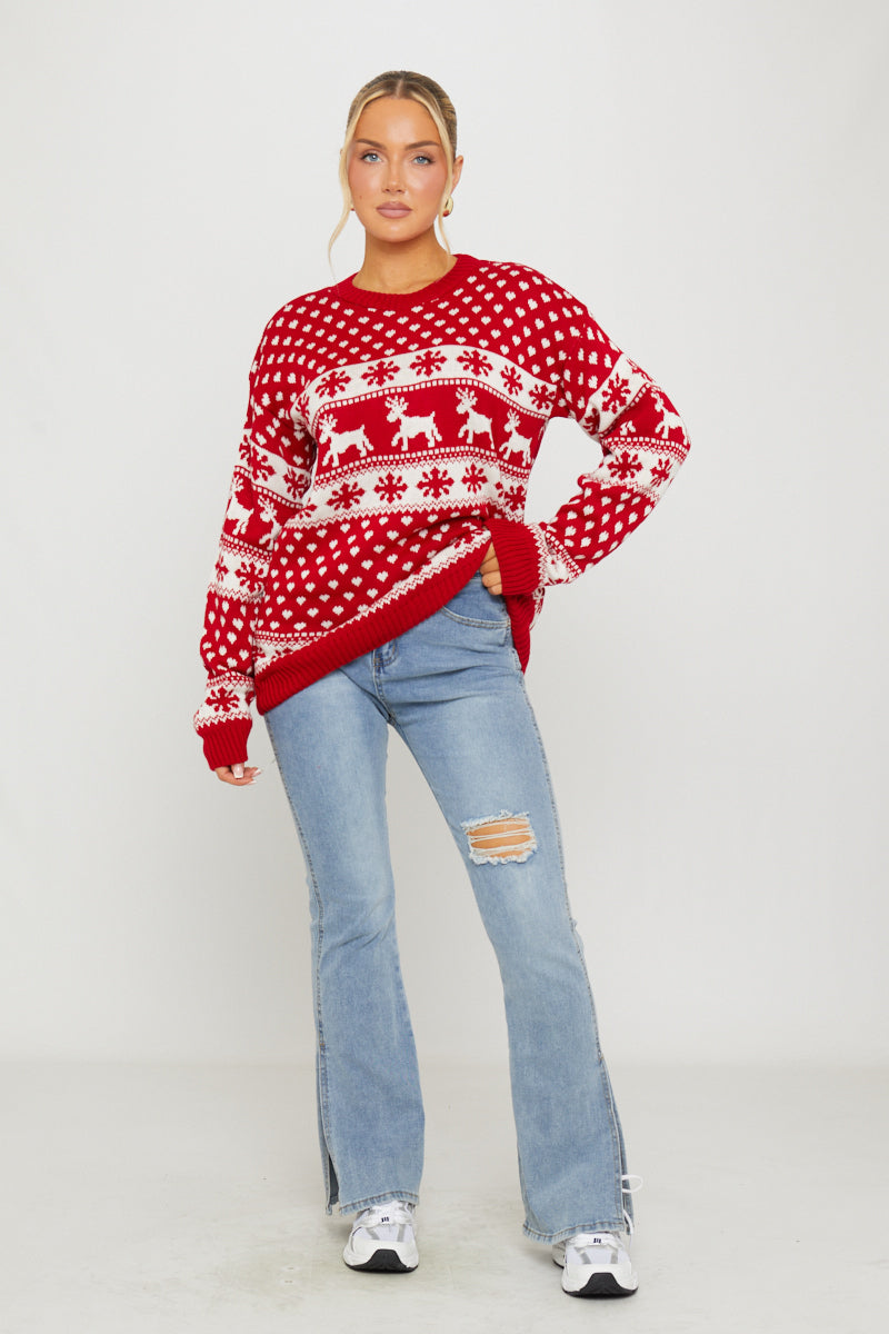 Red Knitted Snowflake Reindeer Christmas Jumper