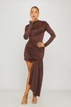 Brown High Neck Long Sleeve Draped Mini Dress