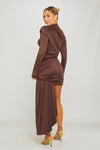 Brown High Neck Long Sleeve Draped Mini Dress