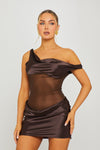 Brown Satin One Shoulder Mesh Detail Mini Dress