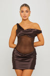 Brown Satin One Shoulder Mesh Detail Mini Dress