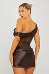 Brown Satin One Shoulder Mesh Detail Mini Dress