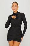 Black High Neck Ruched Shoulder Padded Mini Dress
