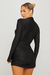 Black High Neck Ruched Shoulder Padded Mini Dress