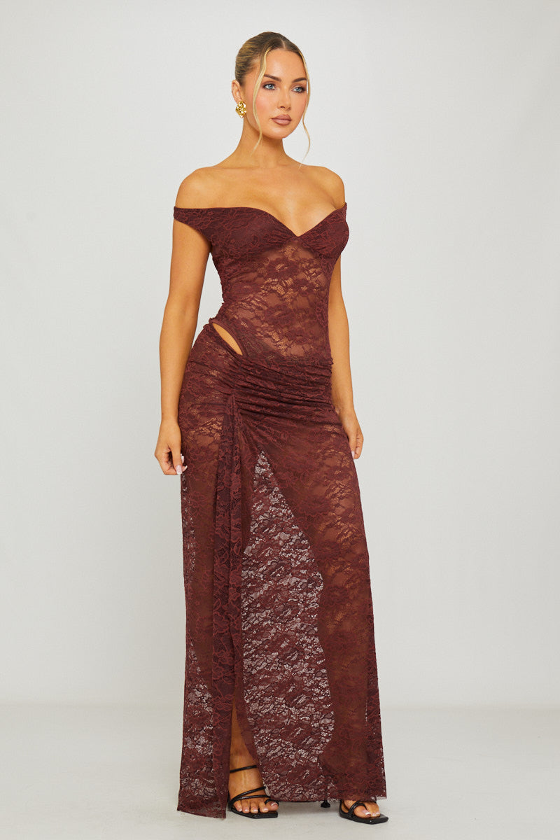 Brown Lace Off Shoulder Bodysuit & Maxi Skirt Co-Ord