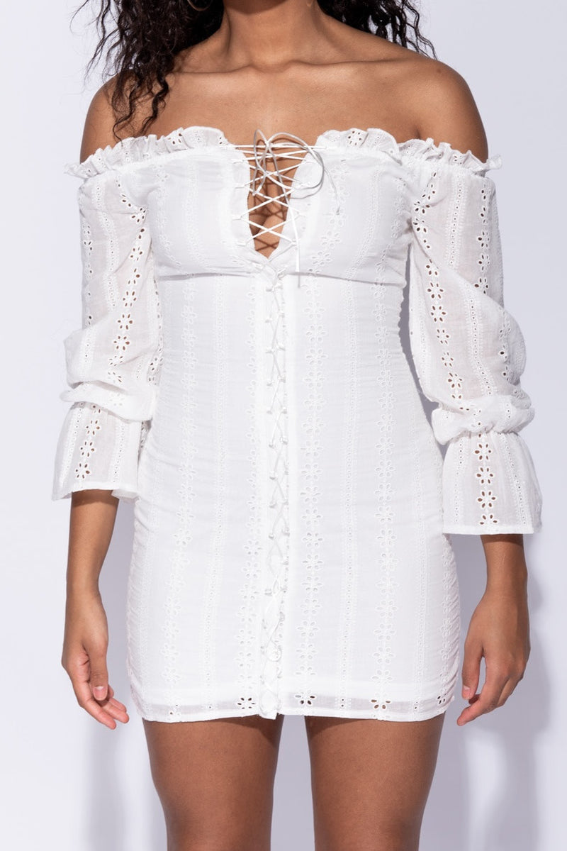 White Bardot Broderie Long Sleeve Lace Up Mini Dress