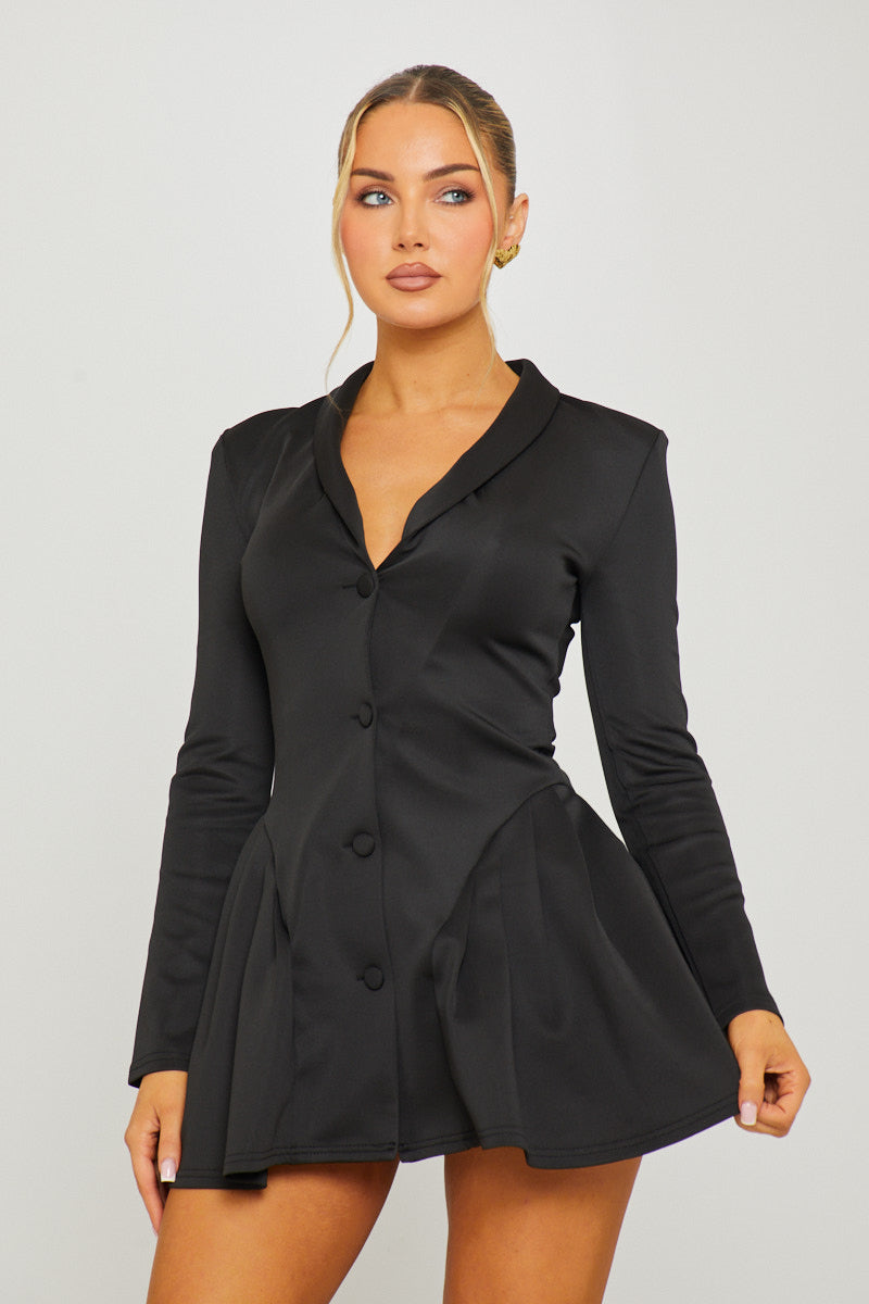 Black Button Front Long Sleeve Pleated Blazer Dress