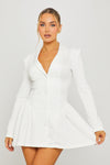White Button Front Long Sleeve Pleated Blazer Dress