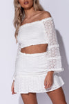 White Broderie Bardot Lace Crop Top & Frill Mini Skirt Set