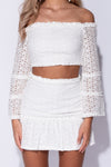 White Broderie Bardot Lace Crop Top & Frill Mini Skirt Set