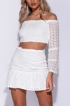 White Broderie Bardot Lace Crop Top & Frill Mini Skirt Set