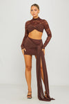 Brown Lace High Neck Crop Top & Draped Mini Skirt Co-Ord