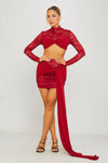 Wine Lace High Neck Crop Top & Draped Mini Skirt Co-Ord