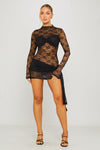 Black Lace High Neck Draped Long Sleeve Mini Dress
