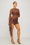 Brown Sheer Asymmetric Draped Long Sleeve Mini Dress