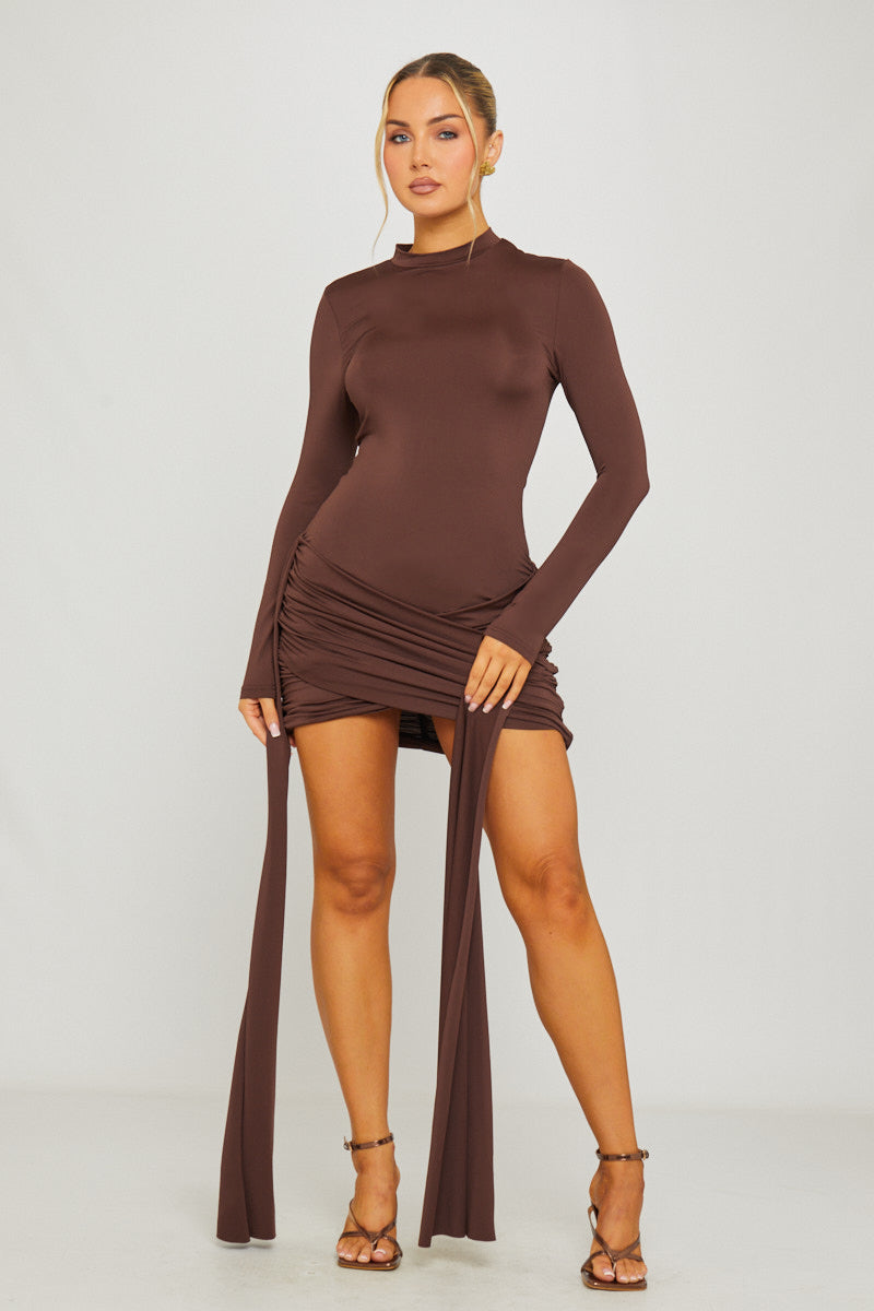 Brown High Neck Long Sleeve Draped Mini Dress