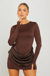 Brown Slash Neck Drape Waist Long Sleeve Mini Dress