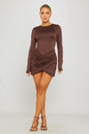 Brown Twist Front Long Sleeve Bodycon Mini Dress