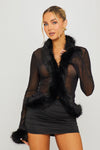 Black Sheer Faux Fur Trim Long Sleeve Top