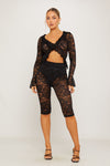 Black Lace Tie Front Ruffle Top & Capri Leggings Co-Ord
