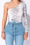 White Snake Print One Shoulder Long Sleeve Bodysuit