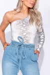 White Snake Print One Shoulder Long Sleeve Bodysuit