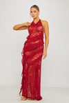 Wine Lace Halter Ruffle Trim Open Back Maxi Dress
