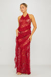 Wine Lace Halter Ruffle Trim Open Back Maxi Dress