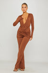 Brown Plunge Slinky Long Sleeve Jumpsuit