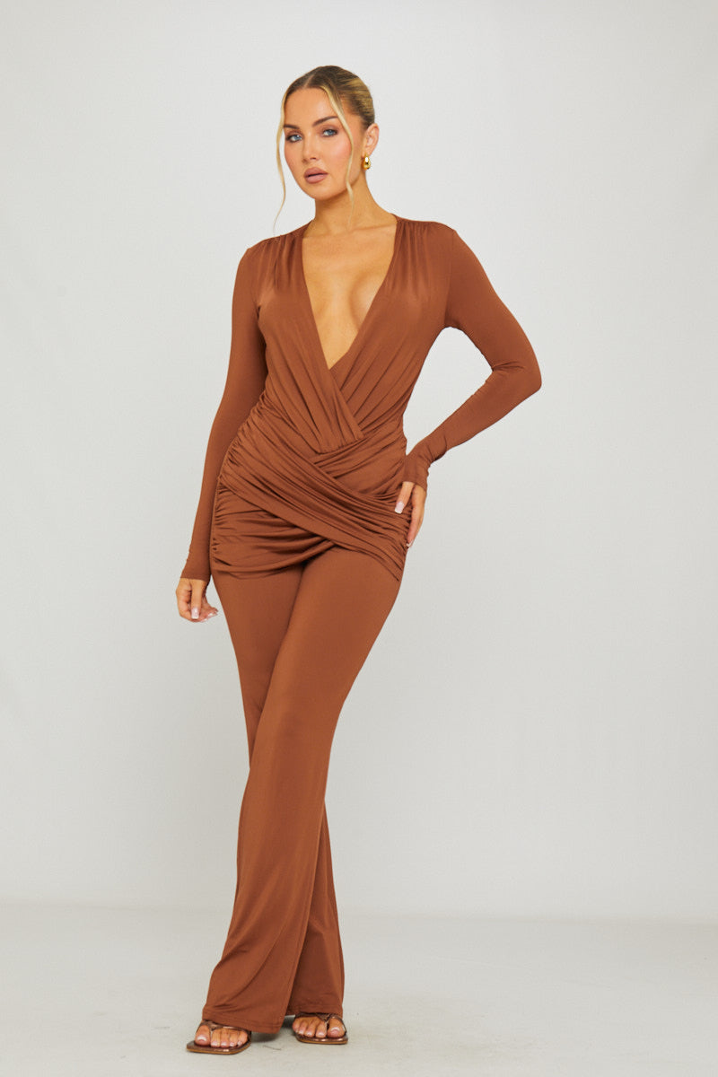 Brown Plunge Slinky Long Sleeve Jumpsuit