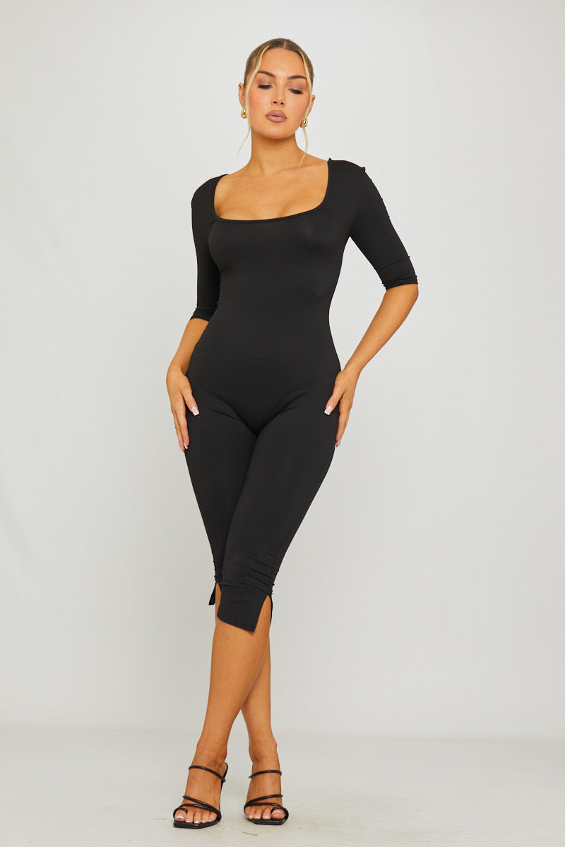 Black Square Neck Mid Sleeve Capri Jumpsuit