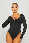 Black Long Sleeve Ruched Bust Bodysuit