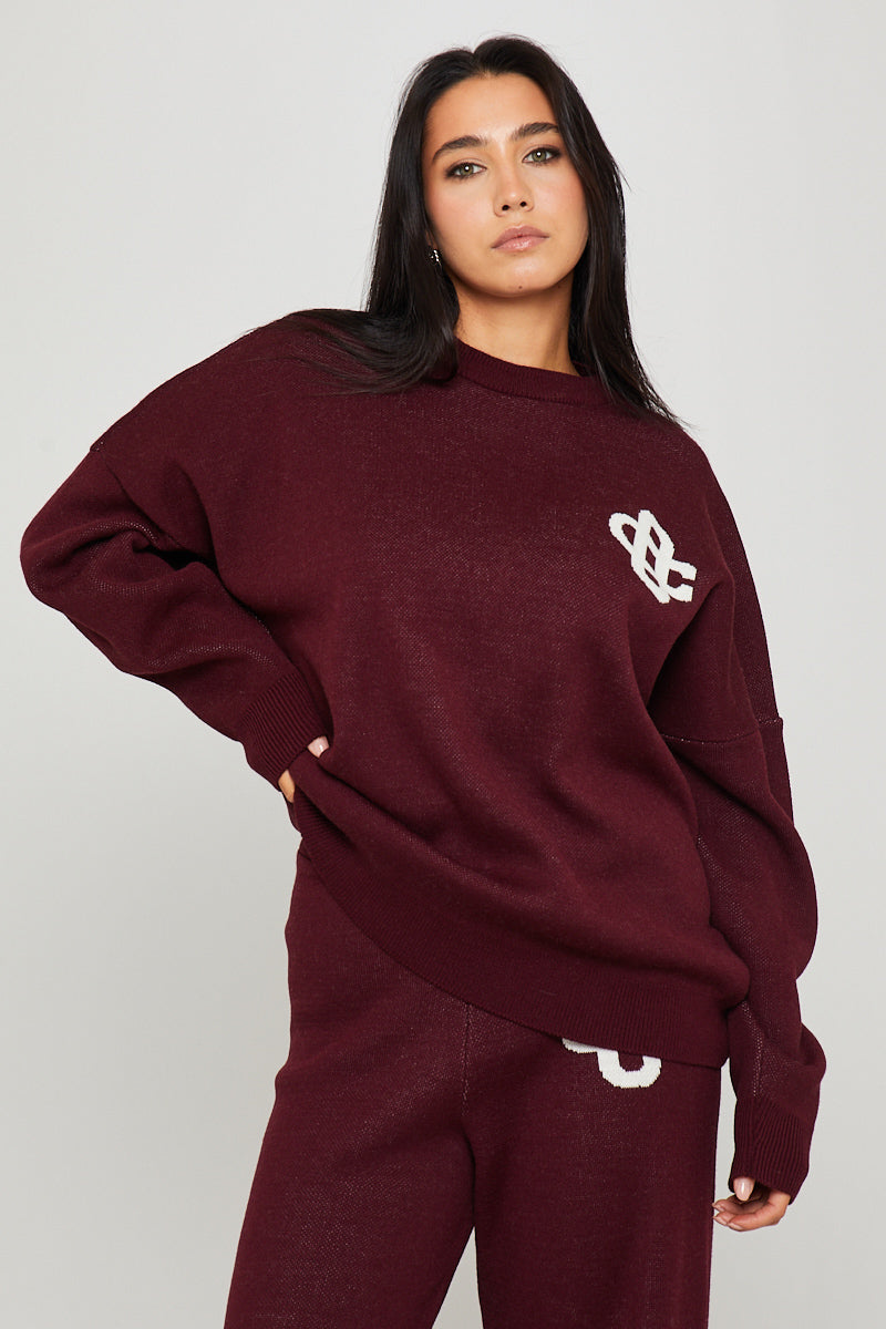 Wine Knit Oversized Swirl Detail Sweater & Joggers Co-Ord