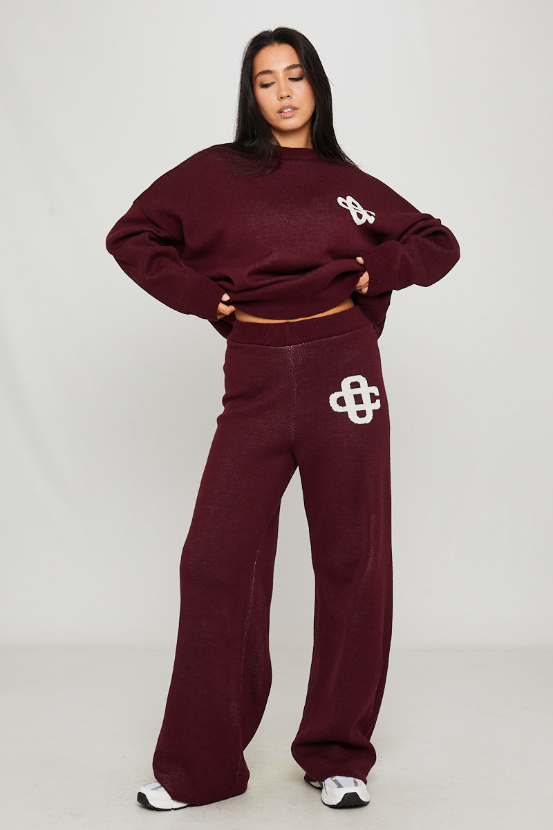 Wine Knit Oversized Swirl Detail Sweater & Joggers Co-Ord