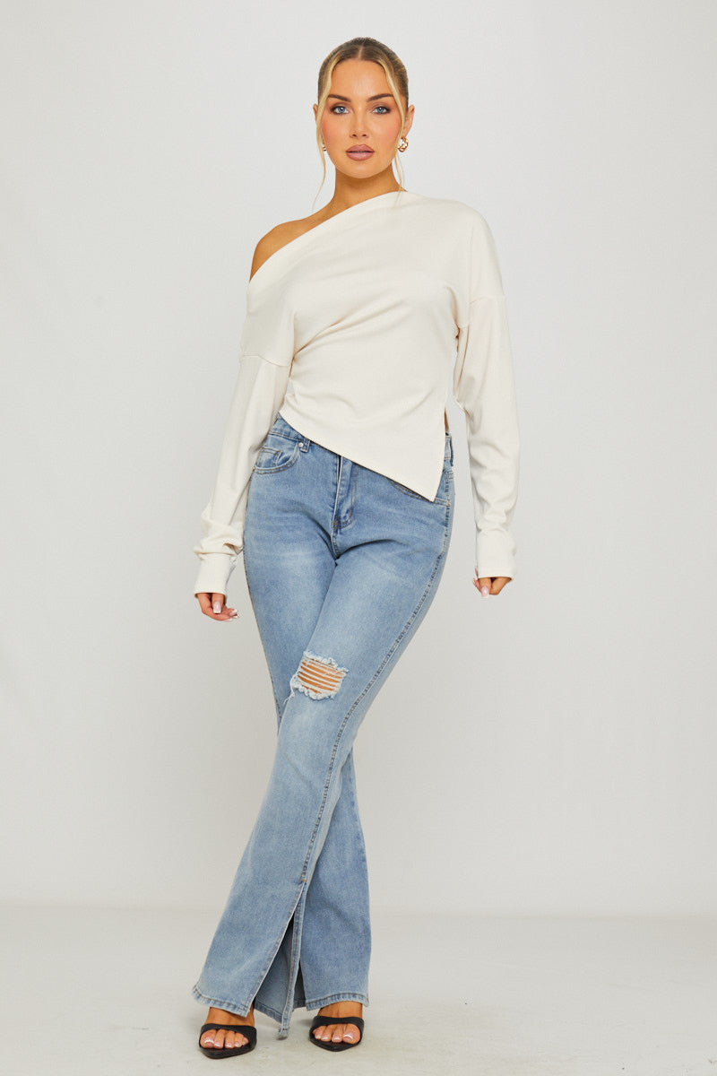 Cream Asymmetric One Shoulder Long Sleeve Top