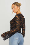 Black Lace Tie Front Flared Sleeve Top