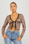 Leopard Print Lace Trim Tie Front Split Detail Top