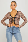 Leopard Print Lace Trim Tie Front Split Detail Top