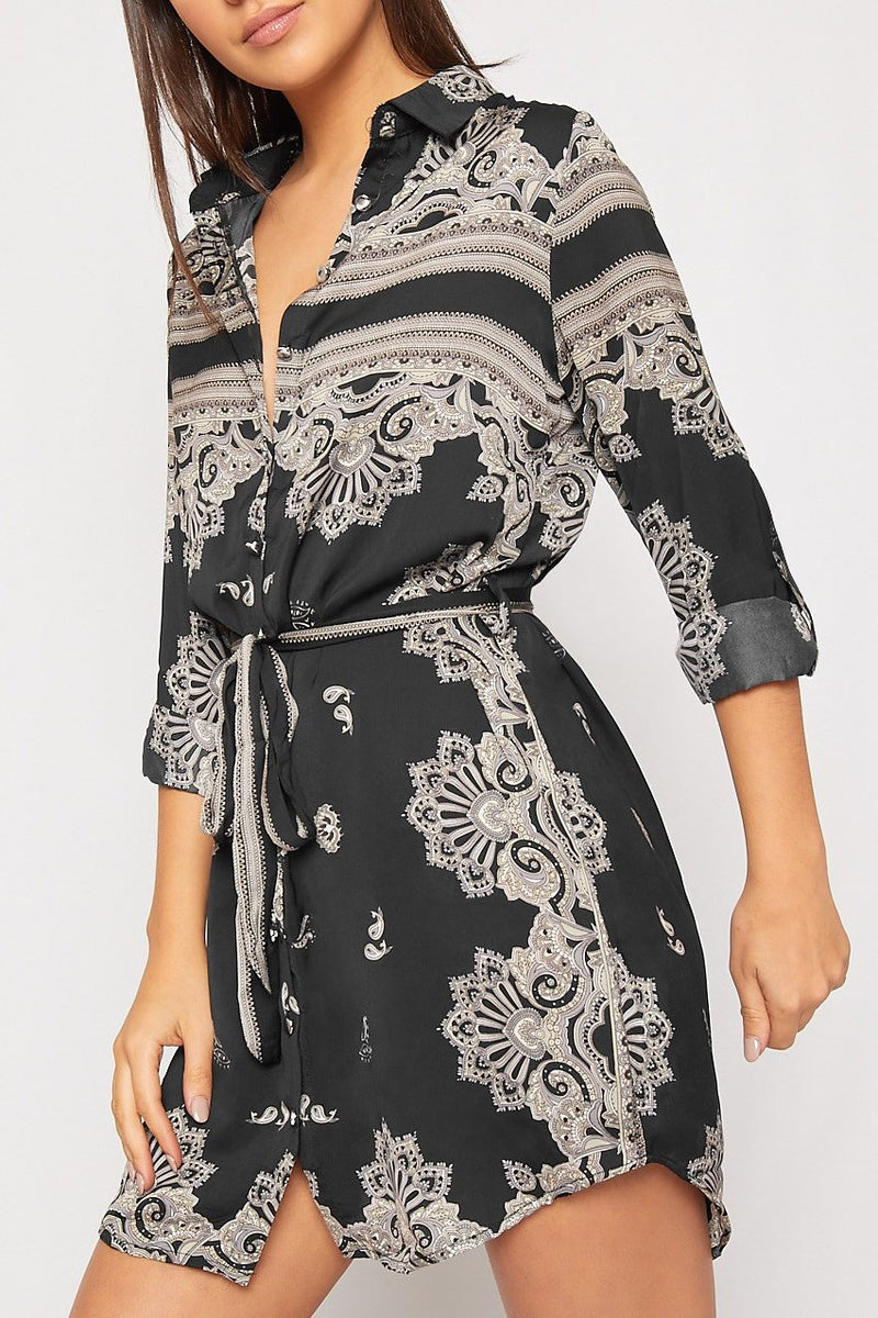 Black Paisley Print Long Sleeve Belted Shirt Dress
