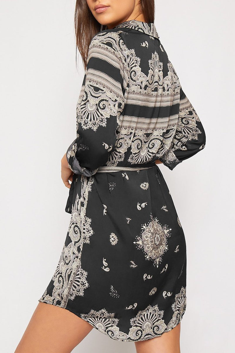 Black Paisley Print Long Sleeve Belted Shirt Dress