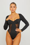 Black Long Sleeve Square Neck Bustier Bodysuit