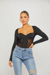 Black Long Sleeve Square Neck Bustier Bodysuit